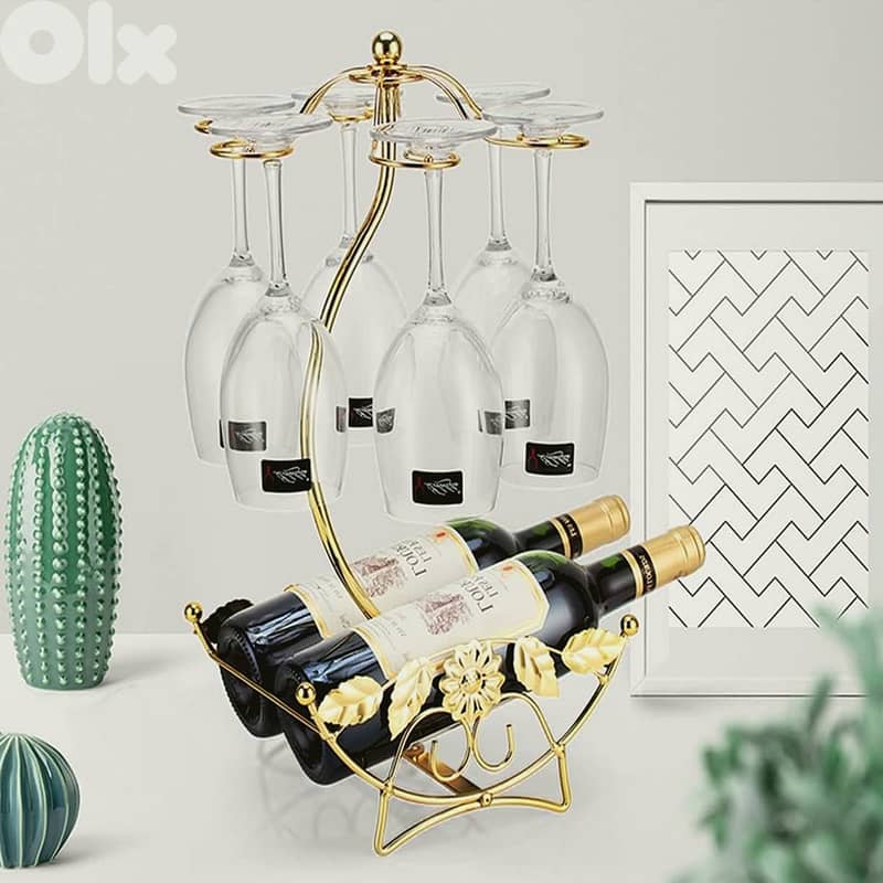 Olive Wine Rack - Gold Wine Storage for 2 Bottles, 6 Glasses 5