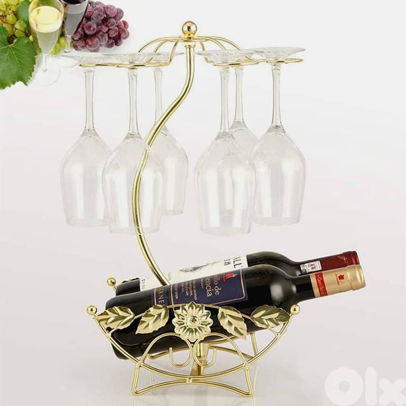 Olive Wine Rack - Gold Wine Storage for 2 Bottles, 6 Glasses 6