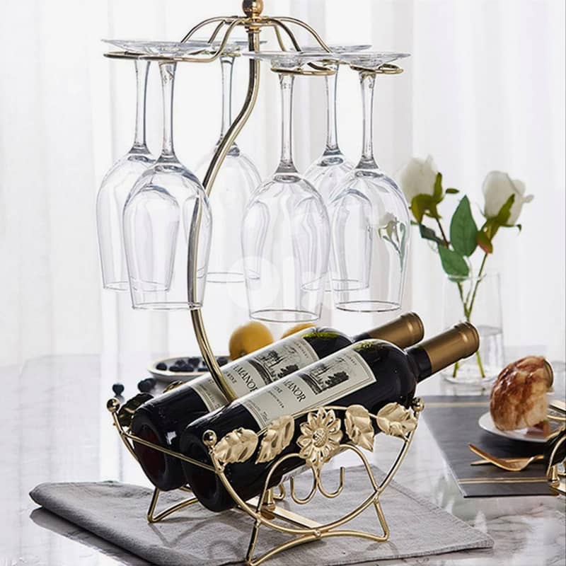 Olive Wine Rack - Gold Wine Storage for 2 Bottles, 6 Glasses 2