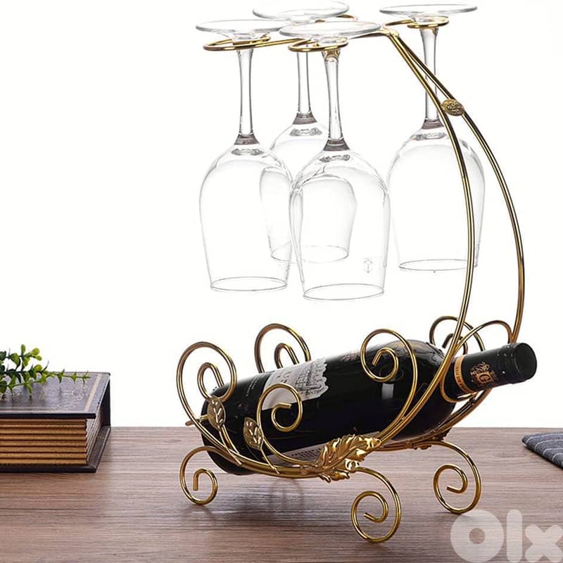 Vintage Wine Rack in Gold for 1 Bottle and 4 Glasses 0