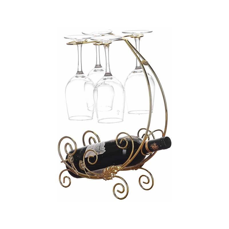 Vintage Wine Rack in Gold for 1 Bottle and 4 Glasses 1