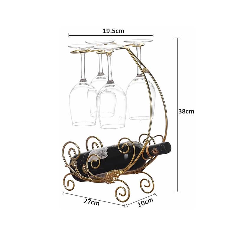 Vintage Wine Rack in Gold for 1 Bottle and 4 Glasses 2