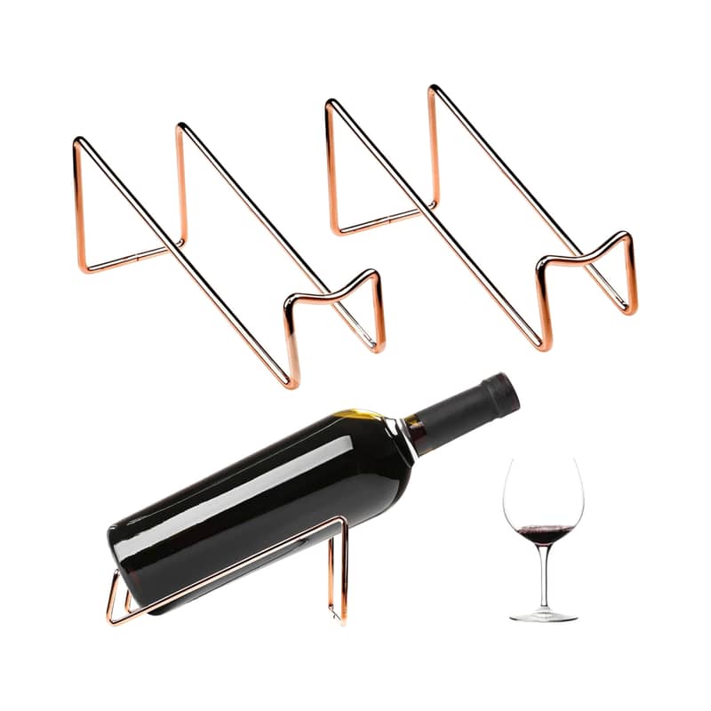 Minimalist Wine Bottle Holders – 2-Piece Rose Gold Metal Stands 2