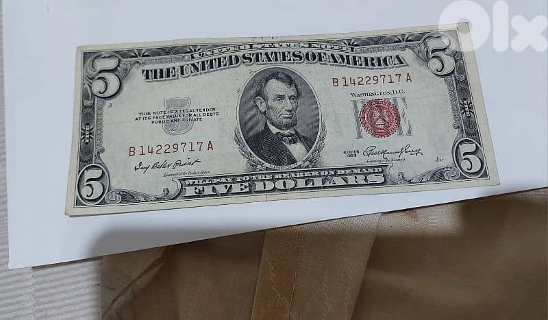 Five USA Dollars Red Seal Banknote Lincolin Memorial year 1953 0