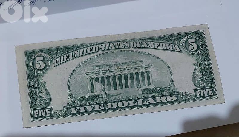 Five USA Dollars Red Seal Banknote Lincolin Memorial year 1953 1