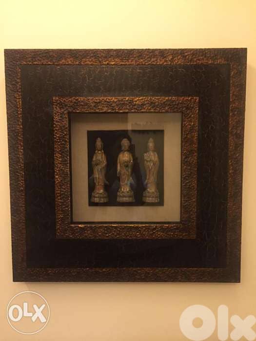 Tableau bronze and wood with Buddha statues 1