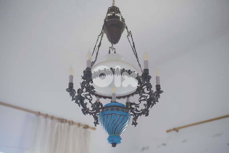 Bronze Art-Deco Blue Opaline Chandelier 0