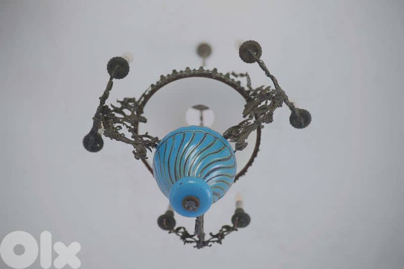 Bronze Art-Deco Blue Opaline Chandelier 1