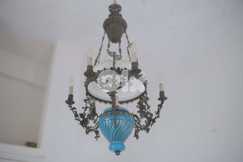 Bronze Art-Deco Blue Opaline Chandelier 2