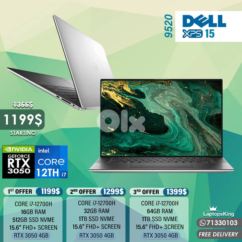 DELL XPS 15 9520 CORE i7-12700H RTX 3050 15.6” CREATOR LAPTOPS 0