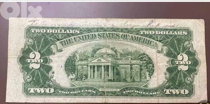 Two USA Dollar Banknote Red Seal Memorial President Jefersson year1928 1