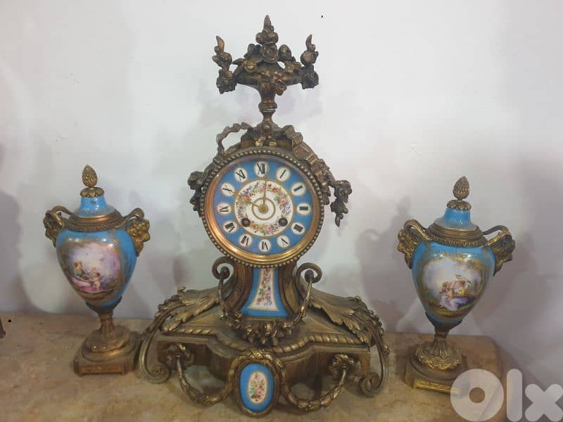 antique french louis XVl bronze and porcelaine 3 piece clock set 0