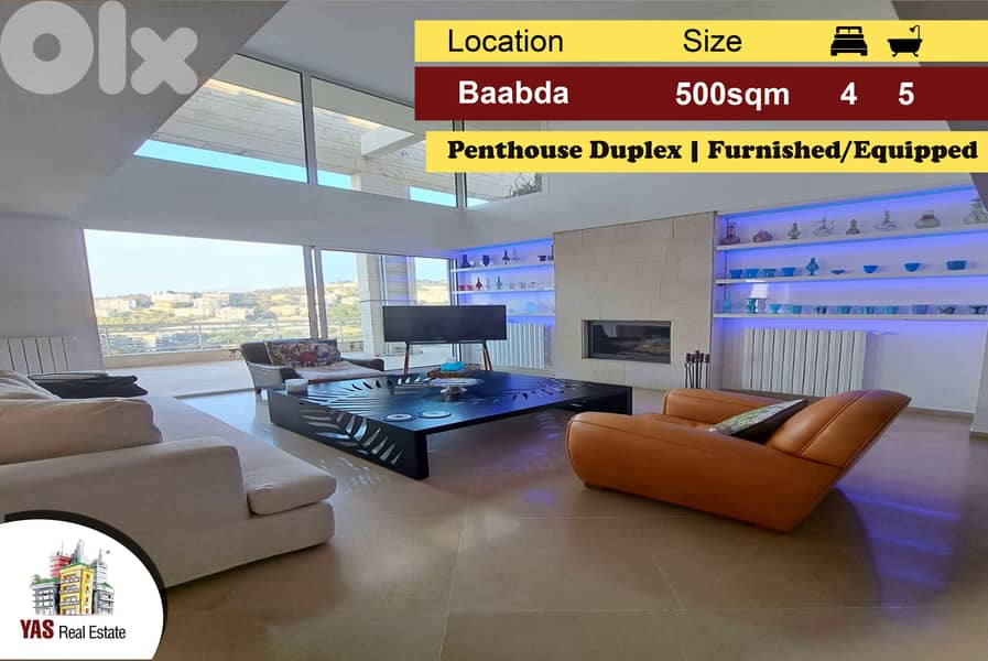 Baabda 500m2 | Penthouse Duplex | Furnished/Equipped | Luxury | PA | 0