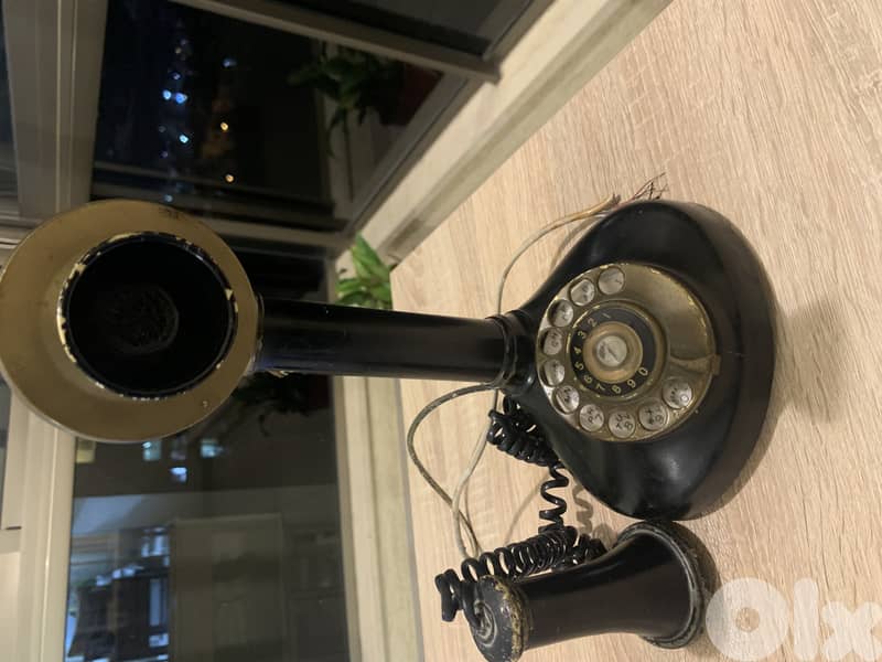 old copper mirror and onix table & old vintage phone 2