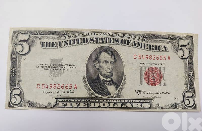 USA Five Dollars Banknote Red Seal year 1953 very fine 0