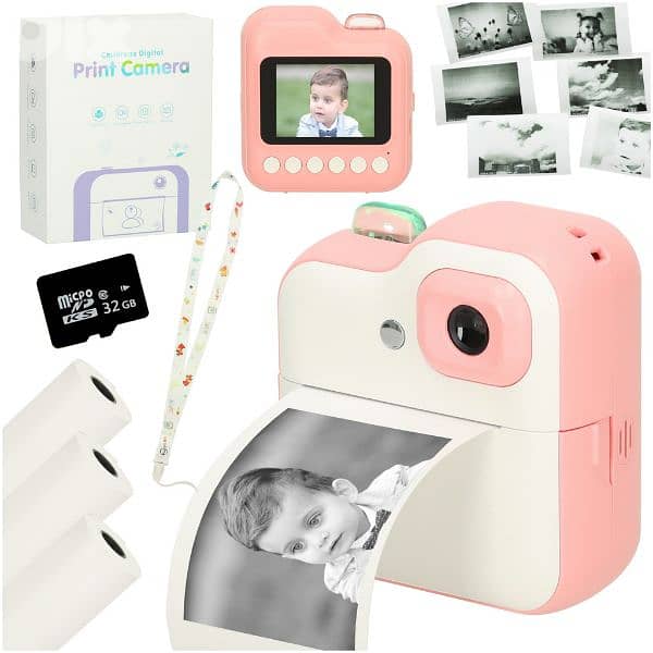 INSTANT CAMERA THERMAL PRINTER + PAPER ROLLS SD CARD 32GB PINK 0