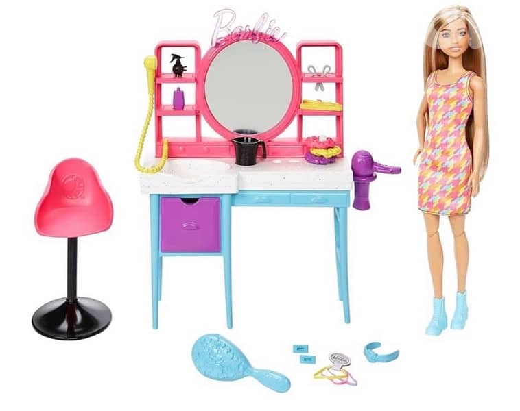 Barbie Doll & Hair Salon Playset with 15 Styling Accessories 1