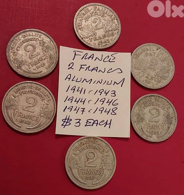 France 2 Francs 1941, 43, 44, 46, 47 & 48 Aluminium  $3 each 0