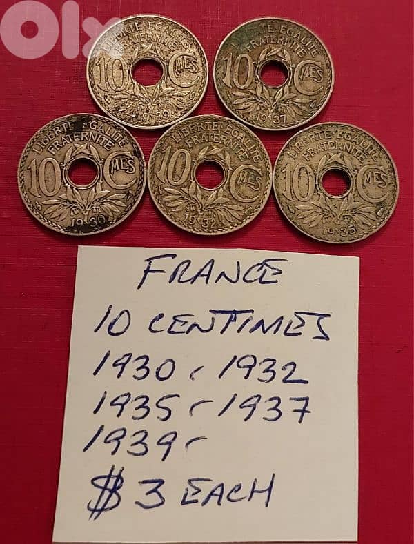 France WWII 10 centimes 1930, 32, 35.37 & 39 0