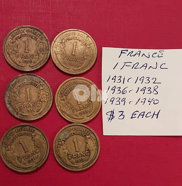 France 1 Franc WWII 1931, 32, 36, 38, 39 & 40 ($3 each) 0
