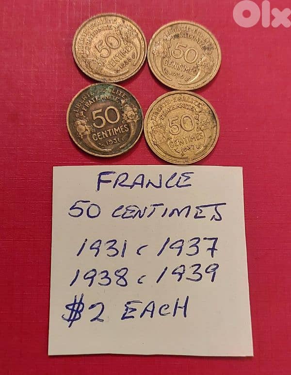 France 1 Franc WWII 1931, 32, 36, 38, 39 &40 ($2 each) 0