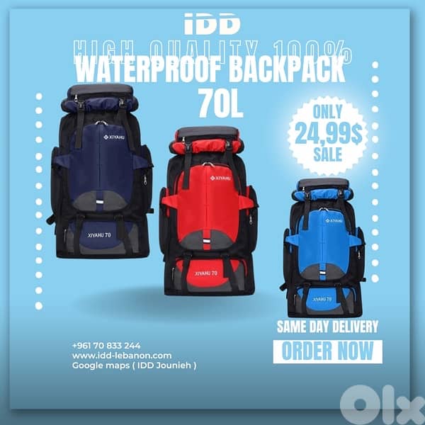 70L Waterproof Backpack – Durable, Reflective & Spacious 0