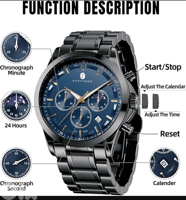 Sapphero Men's Watch Waterproof Chronograph AntiScratch/4$ delivery 0