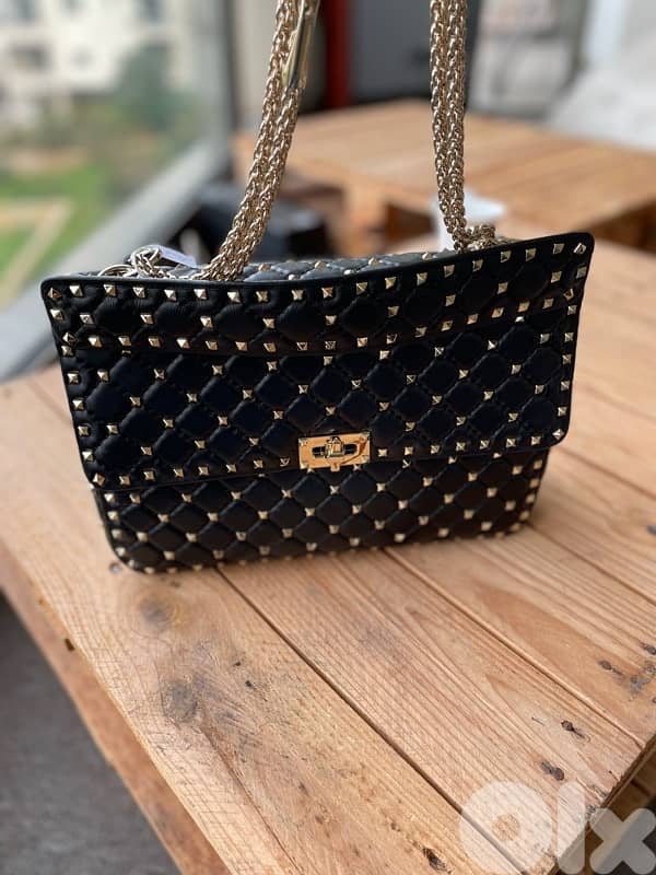 Valentino nappa rockstud spike black and gold bag 0