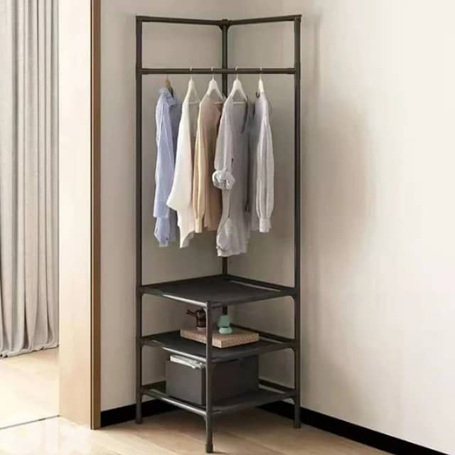 Corner Clothes Rack, Metal Hanger with 3 Shoe Storage Shelves 0