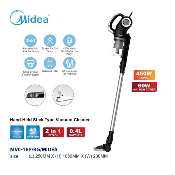 Midea 2 in 1 Handheld Stick Vacuum Cleaner, 450W, Black, 20S 0