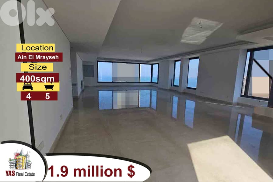 Ain El Mrayseh 400m2 | Ultra Prime Location | High Floor | PA 0