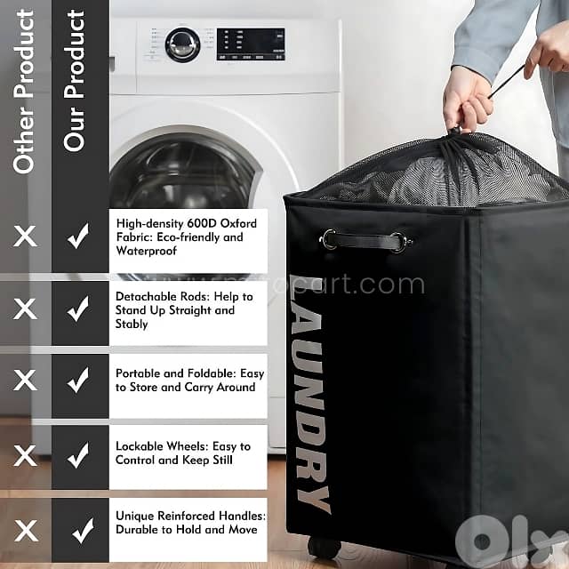 Rolling Laundry Basket – 70L w/ Smooth Wheels & Mesh Bag 2