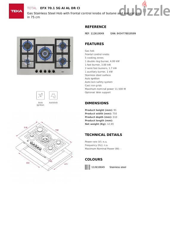 Teka gas hob 70cm 5G stainless steel 1