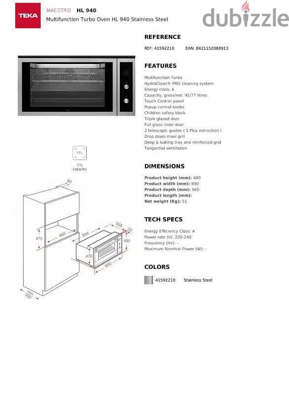 Teka-Spain, electrical multifunctional turbo oven s. Steel HL940 6