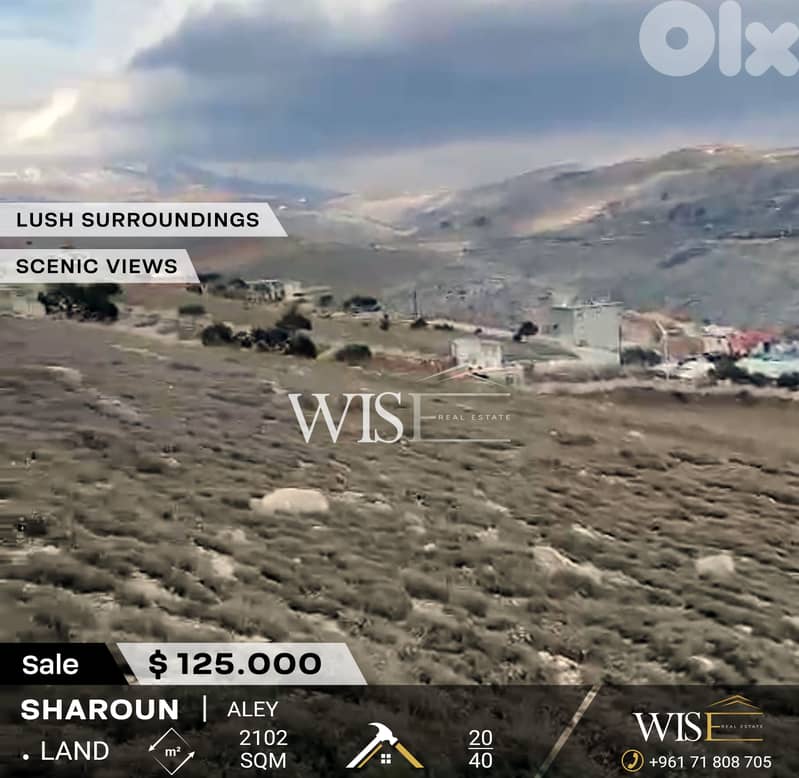 Prime 2102 SQM Land for SALE in Sharoun - Aley ! 0
