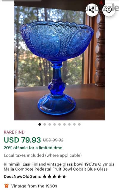 finland rihimaki lasi vintage glass bowl blue 1960 fruit cobalt