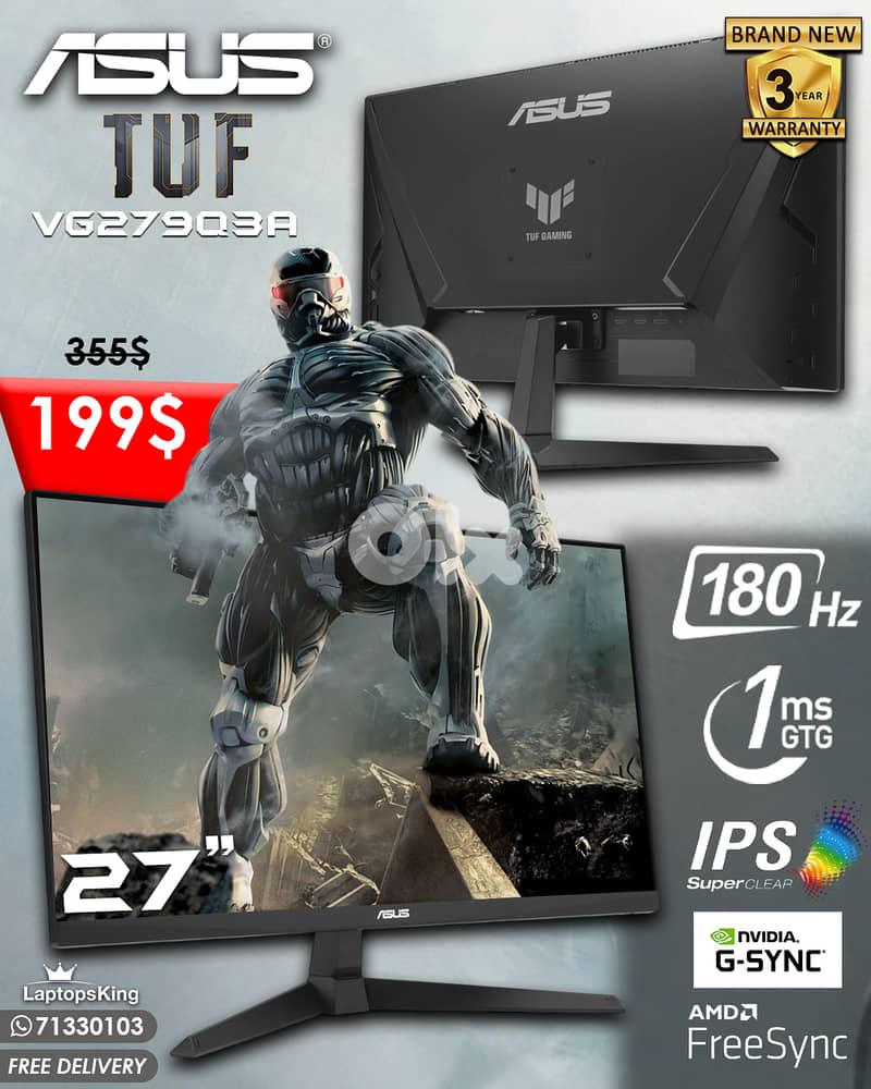 ASUS TUF VG279Q3A 27” FHD SCREEN FAST IPS 180HZ 1MS GAMING MONITOR 0