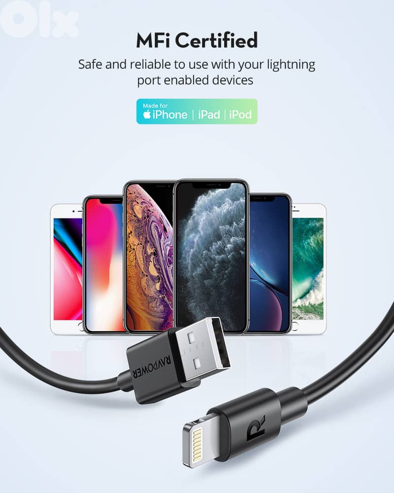 RAVPower USB-A to Lightning Cable | 27W Fast Charging | MFi | 1M 2