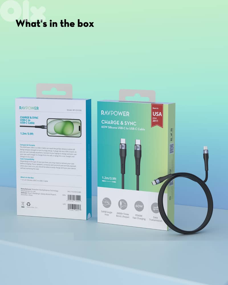 RAVPower USB-C to USB-C Cable | 60W | 1.2M | Liquid Silicone | New 6