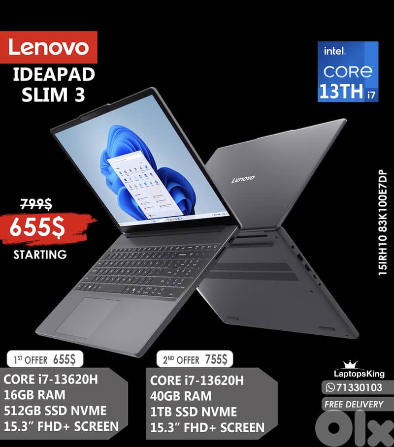 LENOVO IDEAPAD SLIM 3 | 15IRH10 83K100E7DP CORE i7-13620H 15.3" LAPTOP 0