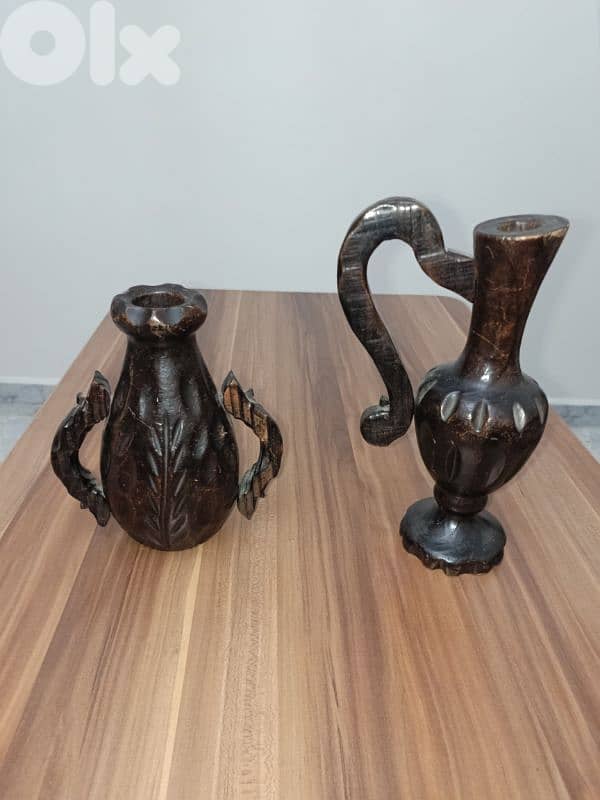 2 Vintage Hand Carved Wood Pitchers 0