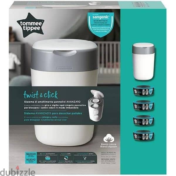 Tommee Tippee twist & click advanced nappy disposable bin +4 refills 1
