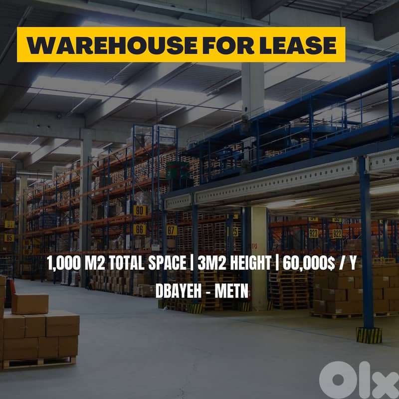 JH25-4083 Warehouse 1000 m2 for rent in Dbayeh, $ 5,000 cash 0