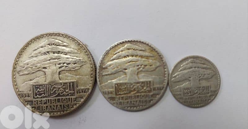 Set of three Silver Lebanon Coins year 1929 10,25,50 piaster 0