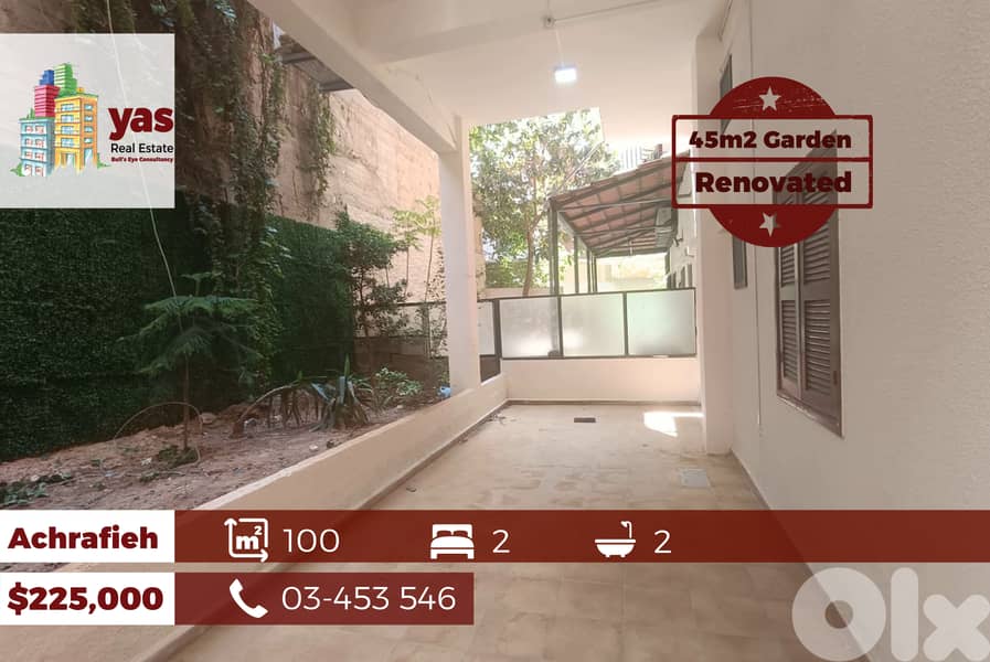 Achrafieh 100m2 | 45m2 Terrace/Garden | Renovated Flat | AA 0