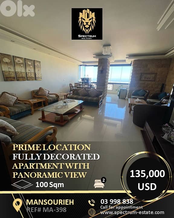 APARTMENT FOR SALE IN MANSOURIEH PRIME (100SQ)SEMI FURNISHED,(MA-398) 0