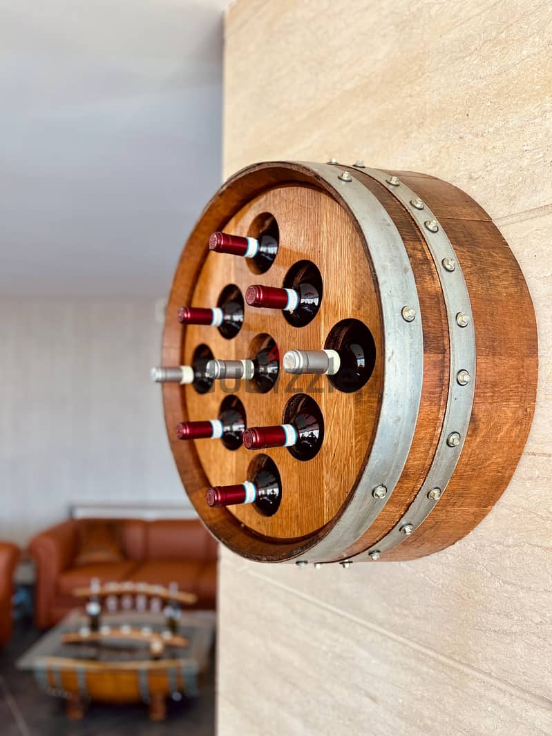 Oak Wine Barrel 9-Bottle Wall Hanger Display Decor 2