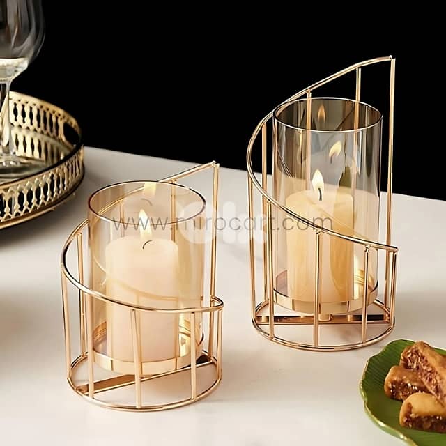 Golden Pillar Candle Holder – Spiral Metal Design with Windproof Glass 1