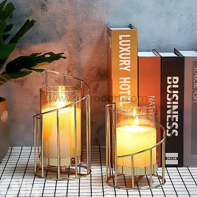 Golden Pillar Candle Holder – Spiral Metal Design with Windproof Glass 2