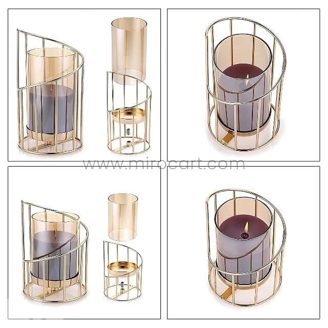 Golden Pillar Candle Holder – Spiral Metal Design with Windproof Glass 6